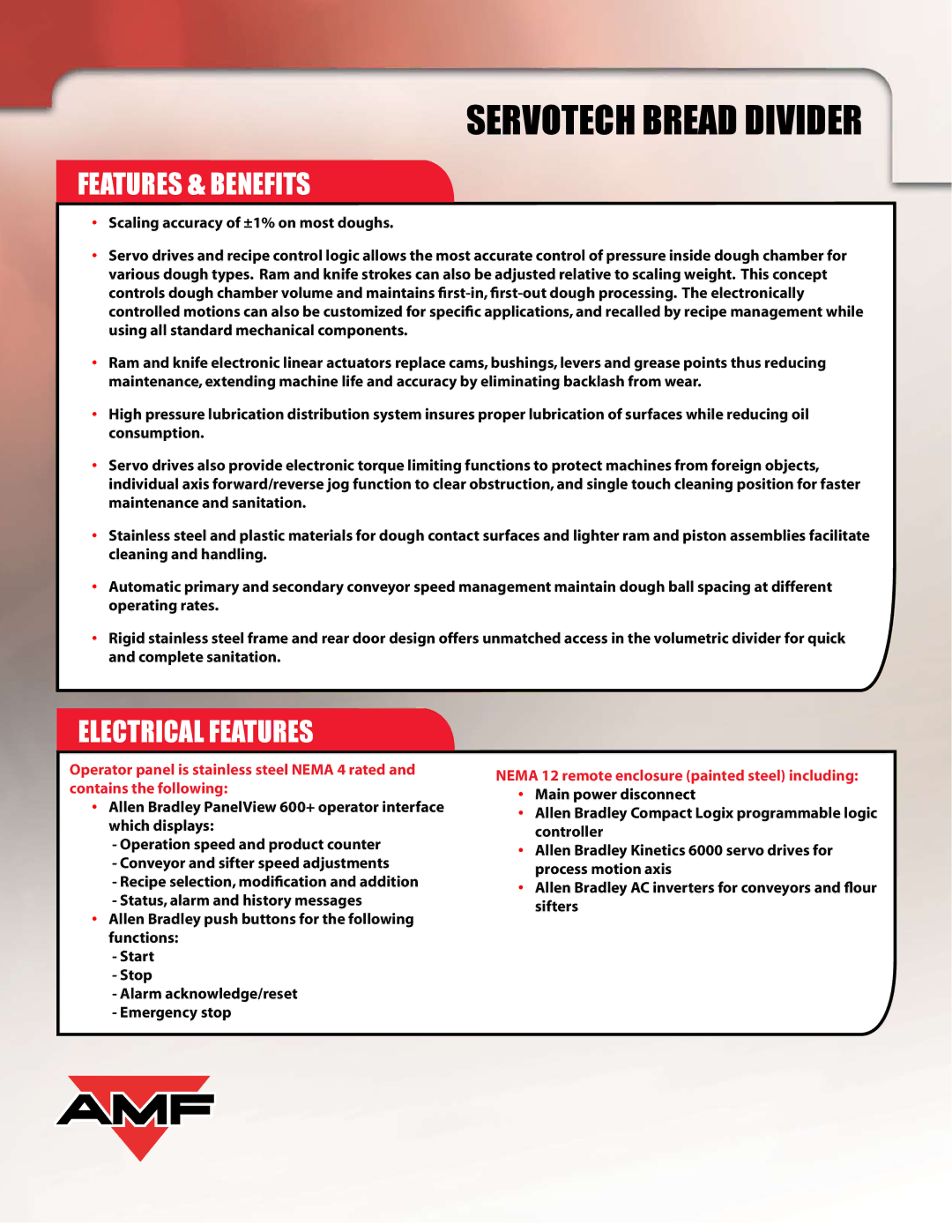 AMF Servotech manual Features & Benefits, Electrical Features, Nema 12 remote enclosure painted steel including 