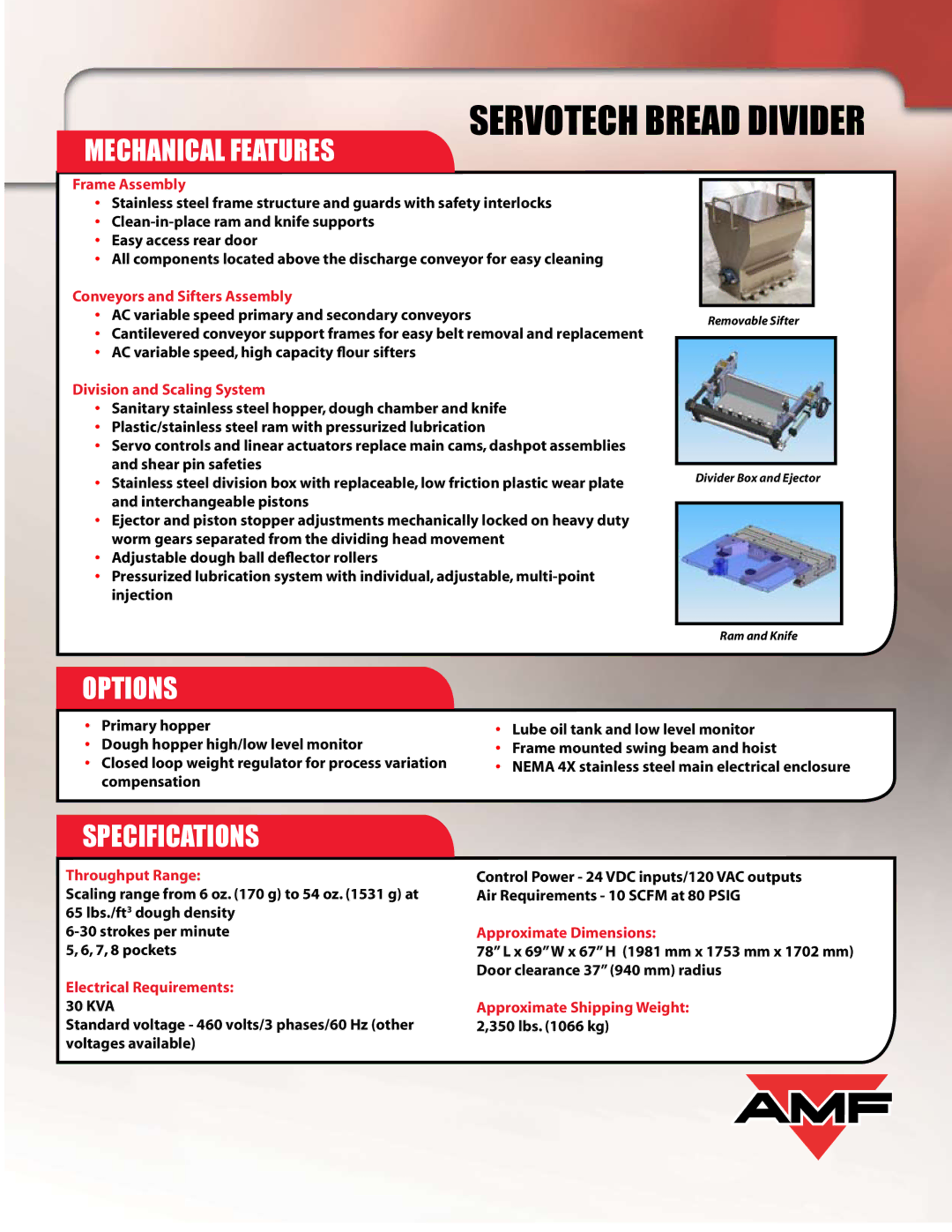 AMF Servotech manual Mechanical Features, Options, Specifications 