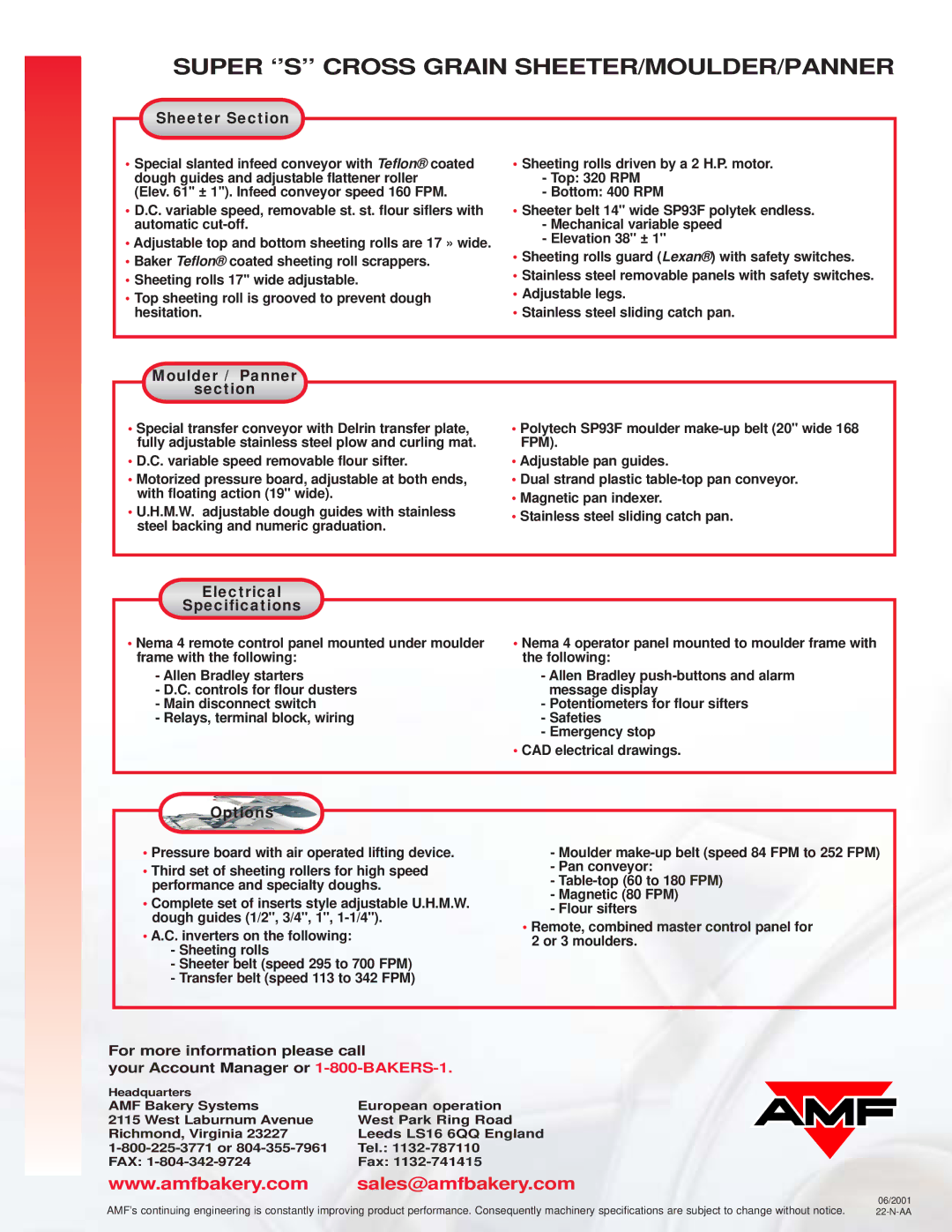 AMF Super Cross Grain Sheeter manual Moulder / Panner Section, Electrical Specifications, Options 