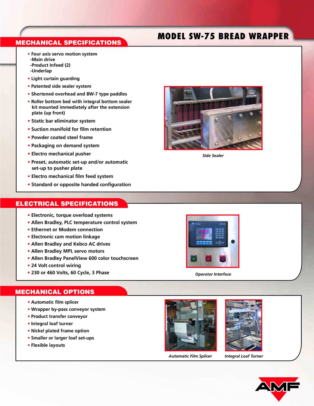 AMF SW-75 specifications Mechanical Specifications, Electrical Specifications, Mechanical Options 