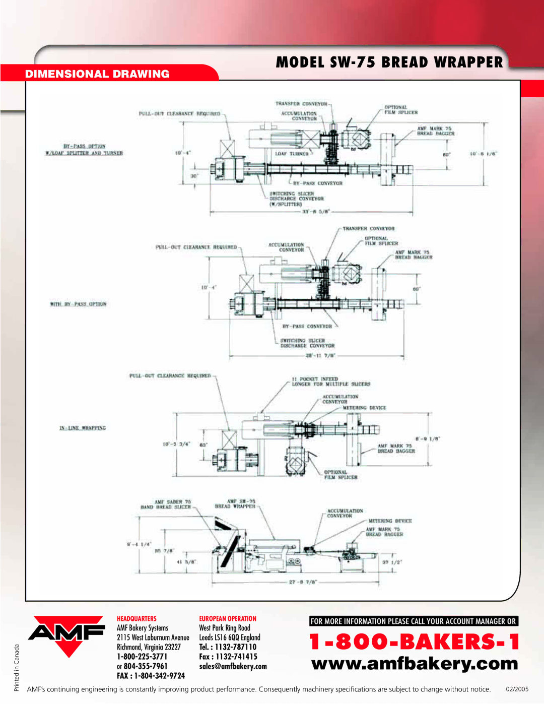 AMF SW-75 specifications Dimensional Drawing, Tel Sales@amfbakery.com Fax FAX 