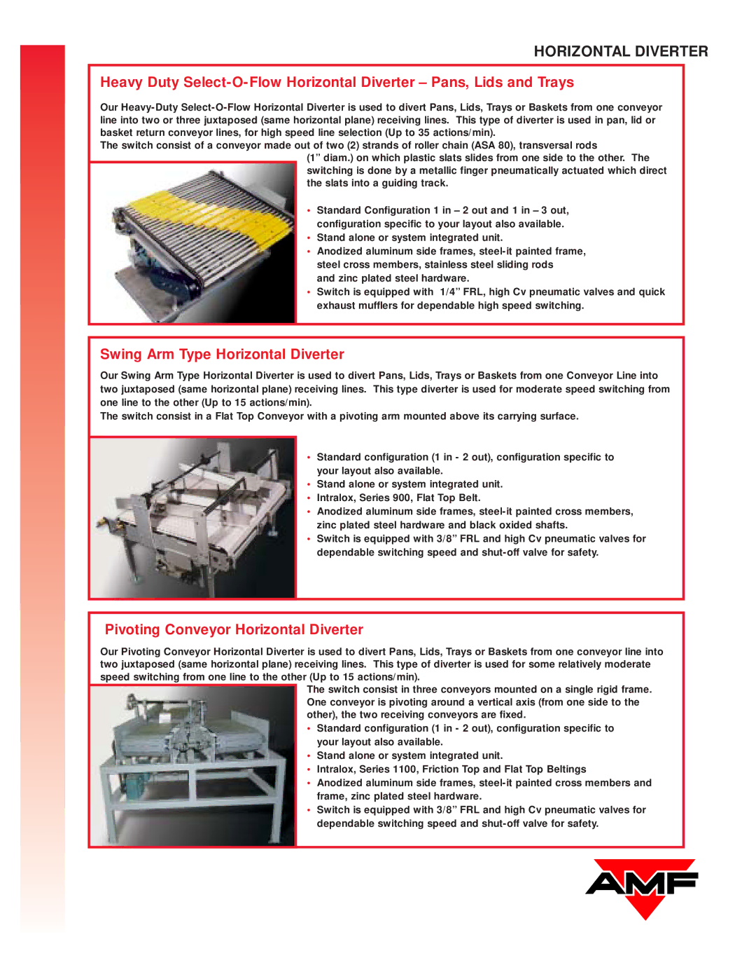 AMF Switches and Diverters manual Swing Arm Type Horizontal Diverter, Pivoting Conveyor Horizontal Diverter 