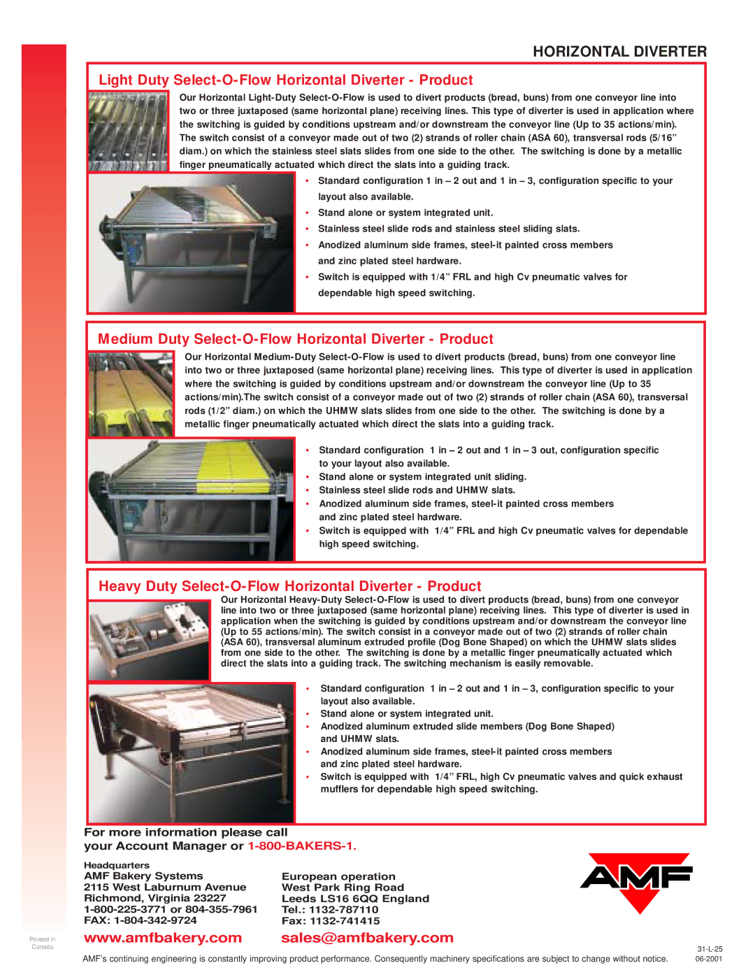 AMF Switches and Diverters manual Light Duty Select-O-Flow Horizontal Diverter Product 