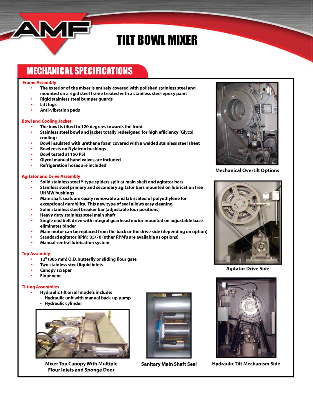 AMF TILT Bowl Mixer (TBM) manual Mechanical Specifications 