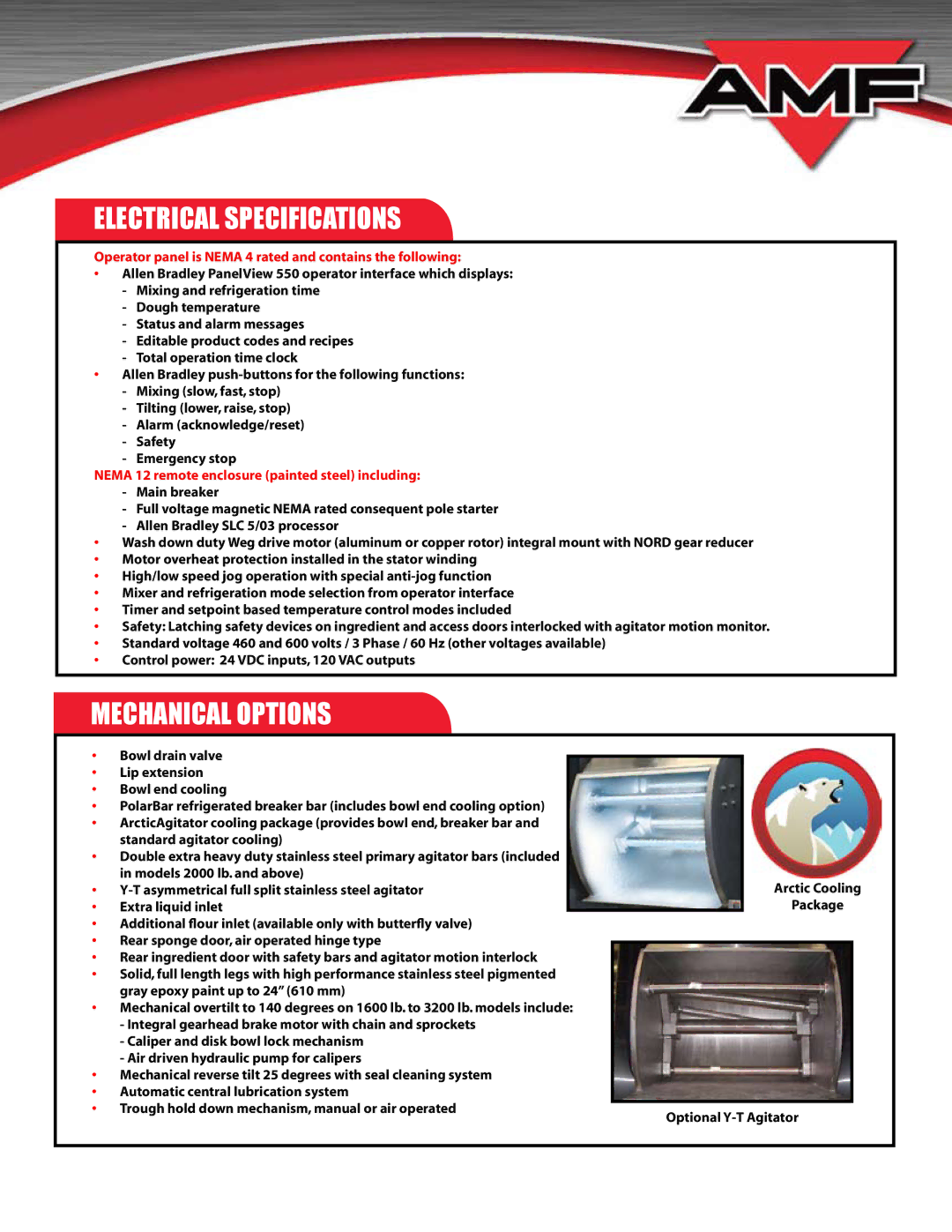 AMF TILT Bowl Mixer (TBM) Electrical Specifications, Mechanical Options, Nema 12 remote enclosure painted steel including 