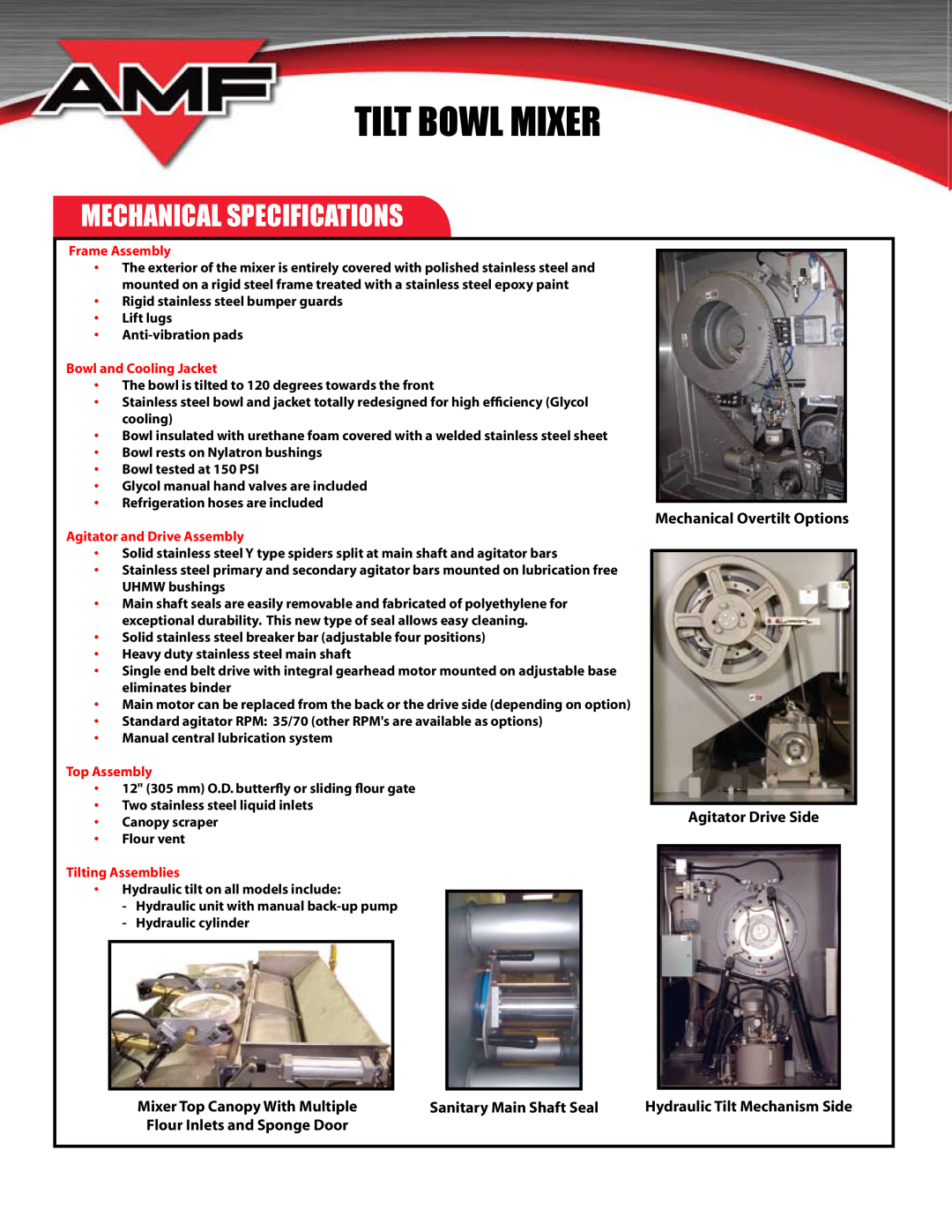 AMF TILT Bowl Mixer (TBM) manual Tilt Bowl Mixer, Mechanical Specifications, Frame Assembly, Bowl and Cooling Jacket 