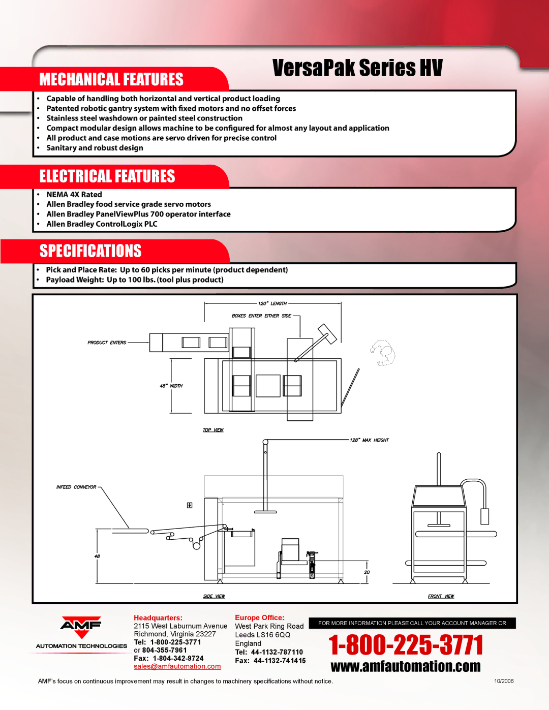 AMF VersaPak Series HV manual Mechanical Features, Electrical Features, Specifications 