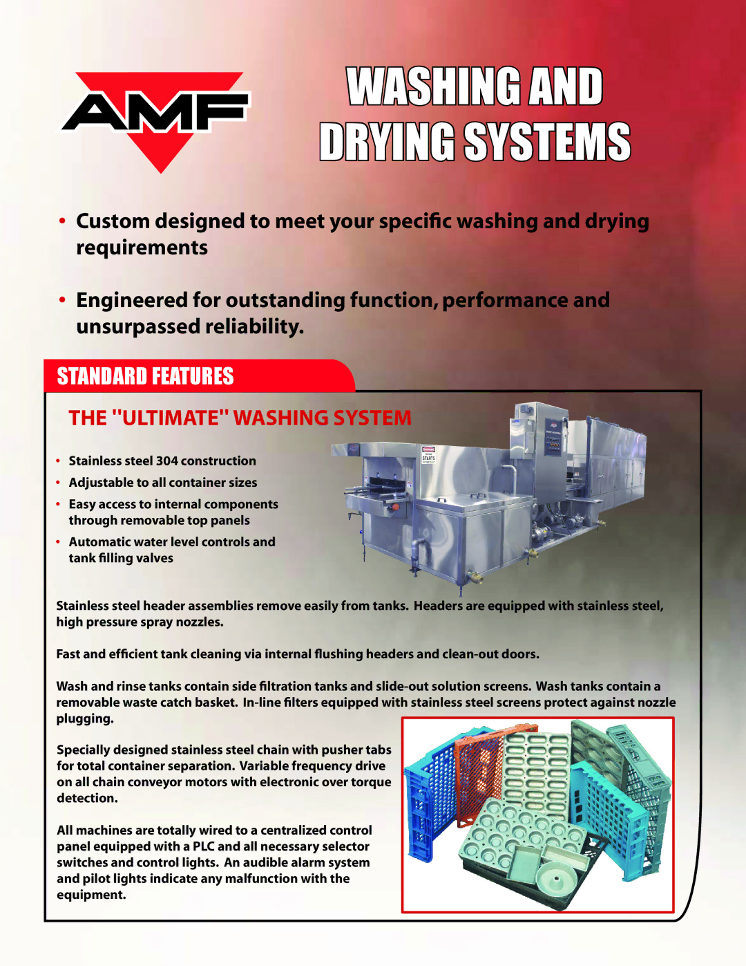 AMF Washing And Drying System manual Washing Drying Systems, Standard Features 