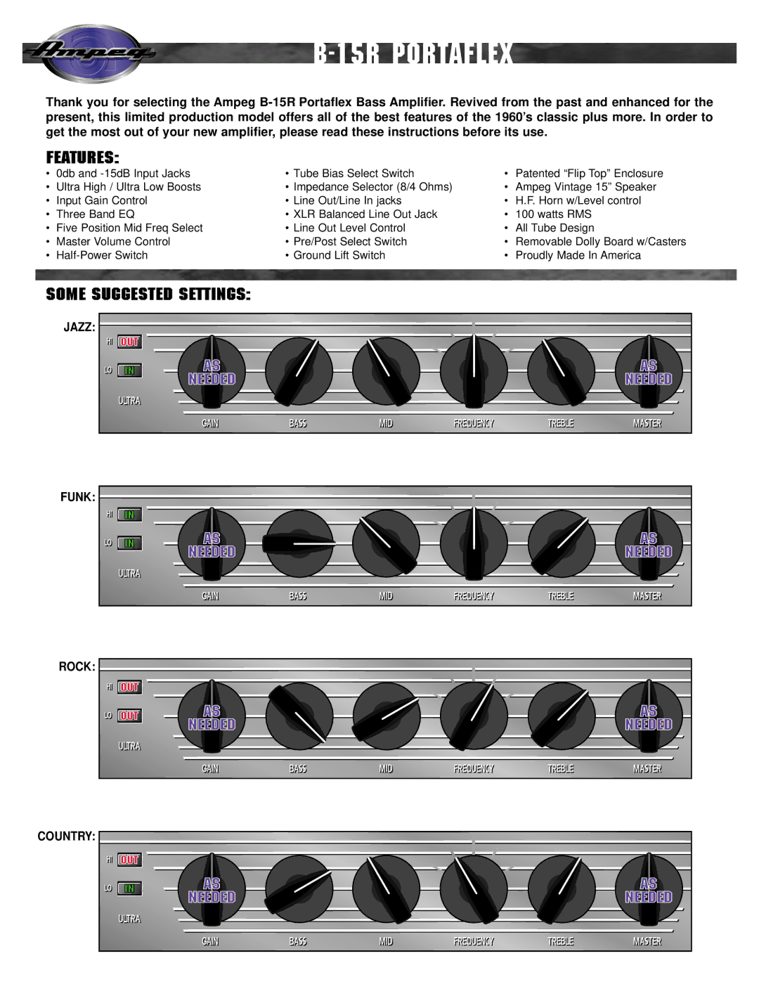 Ampeg B-15R manual Features, Some Suggested Settings 