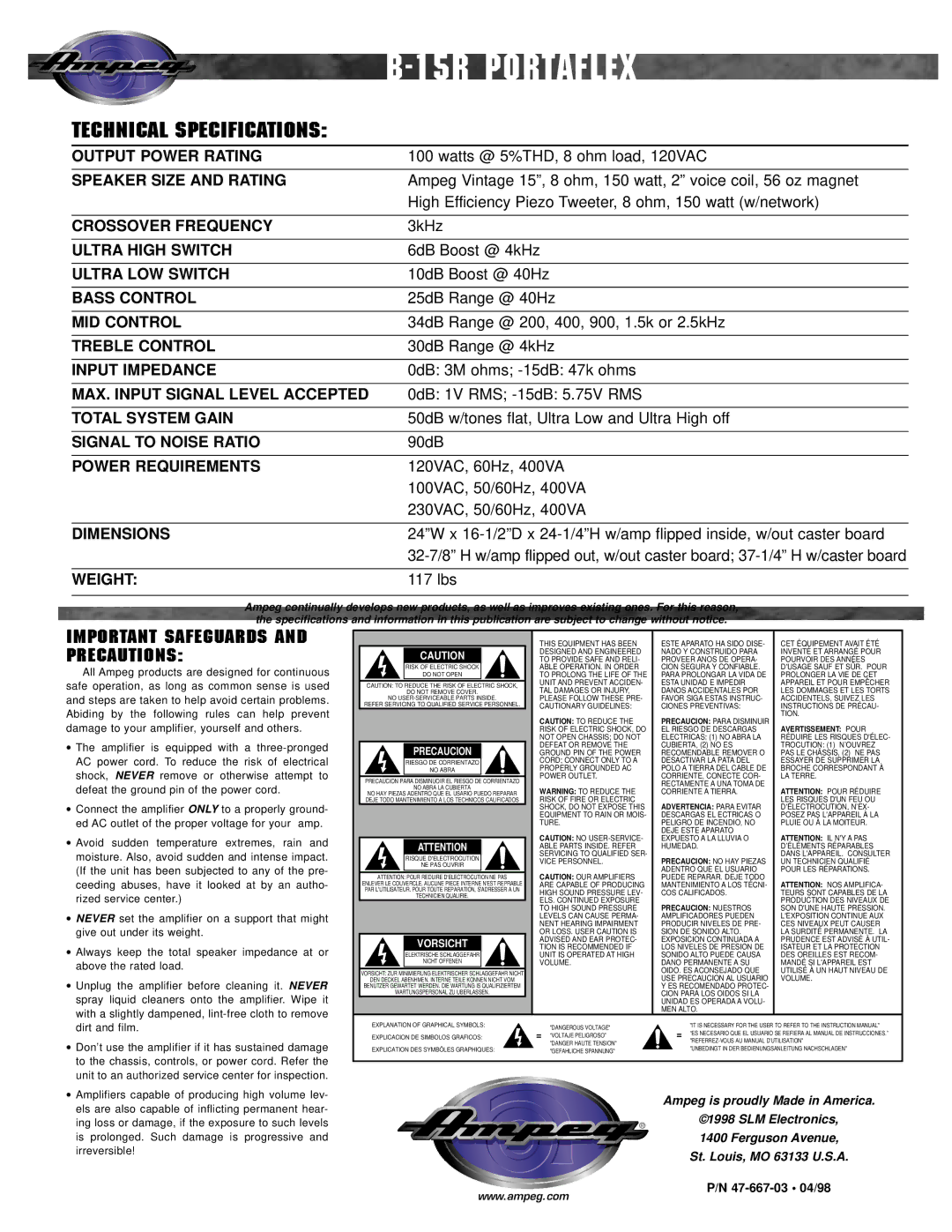 Ampeg B-15R manual Technical Specifications 