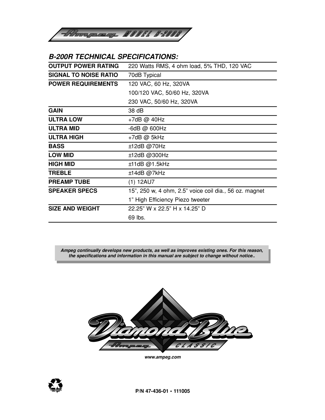 Ampeg B-200R manual 200R Technical Specifications 