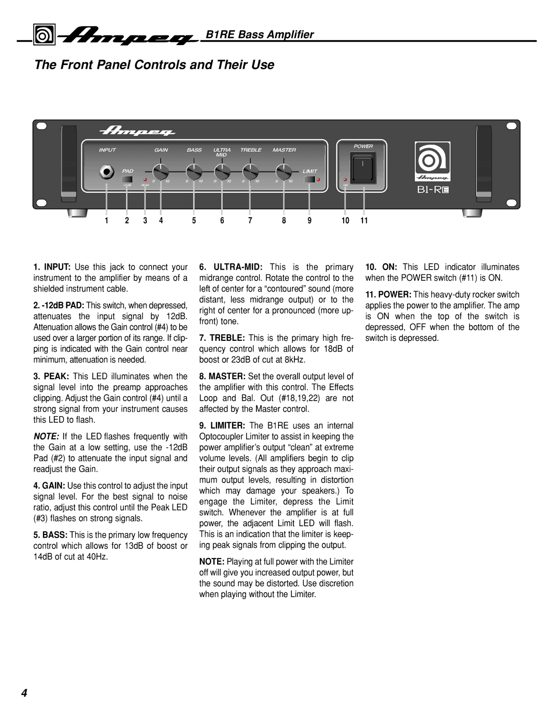 Ampeg B1RE manual Front Panel Controls and Their Use 