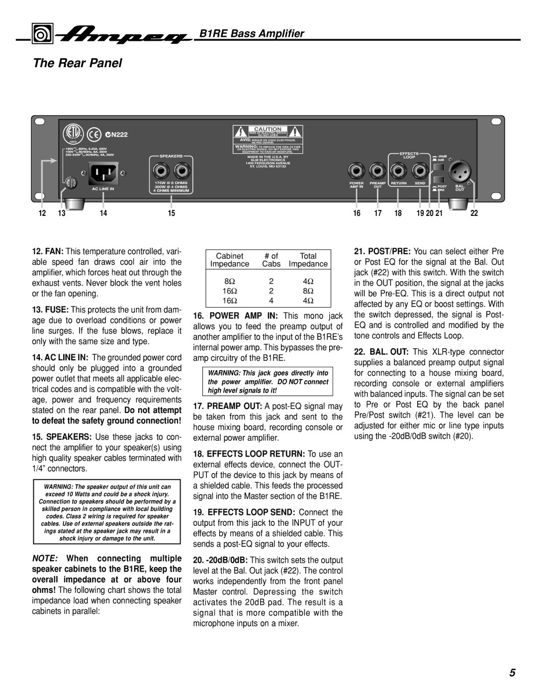 Ampeg B1RE manual Rear Panel, 175W @ 8 Ohms 300W @ 4 Ohms 