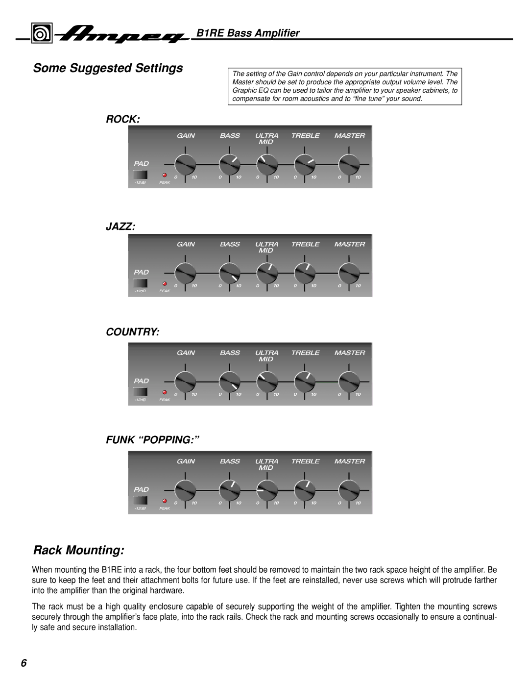 Ampeg B1RE manual Some Suggested Settings, Rack Mounting 