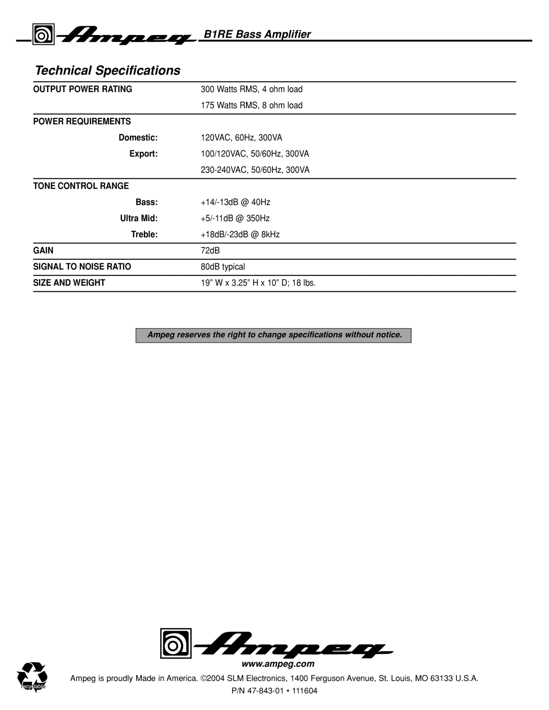 Ampeg B1RE manual Technical Specifications, Size and Weight 