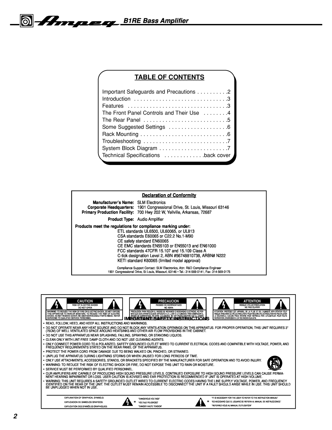 Ampeg manual B1RE Bass Amplifier, Table Of Contents, Declaration of Conformity, Corporate Headquarters, Precaucion 