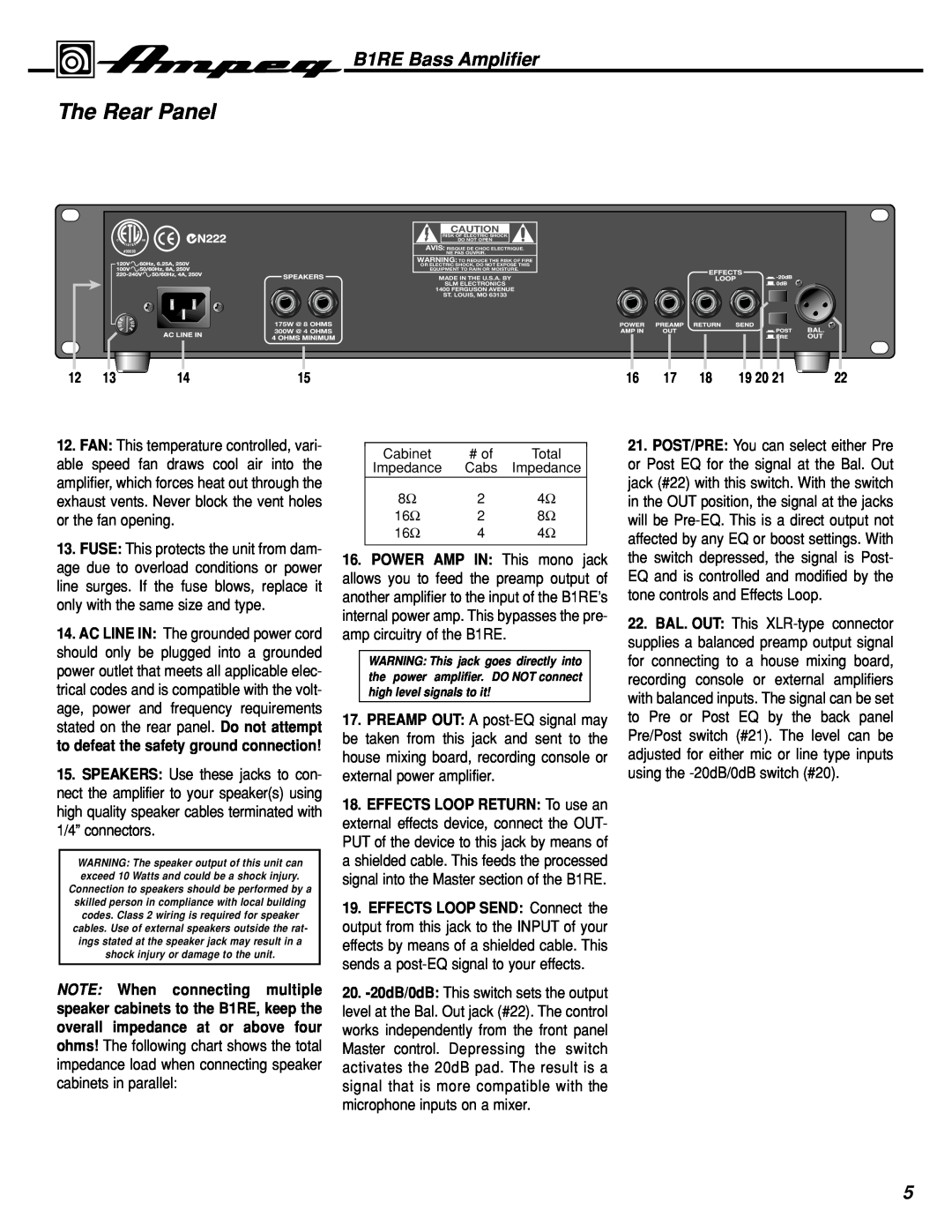 Ampeg manual The Rear Panel, B1RE Bass Amplifier, 19 20 