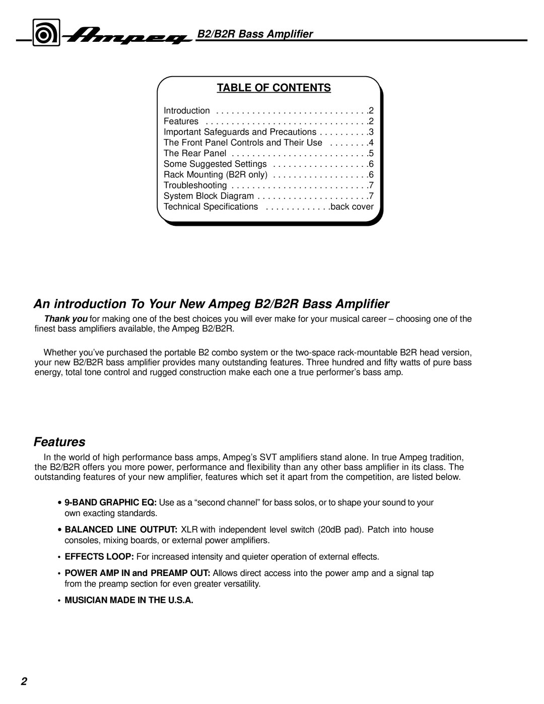 Ampeg manual An introduction To Your New Ampeg B2/B2R Bass Amplifier, Features 