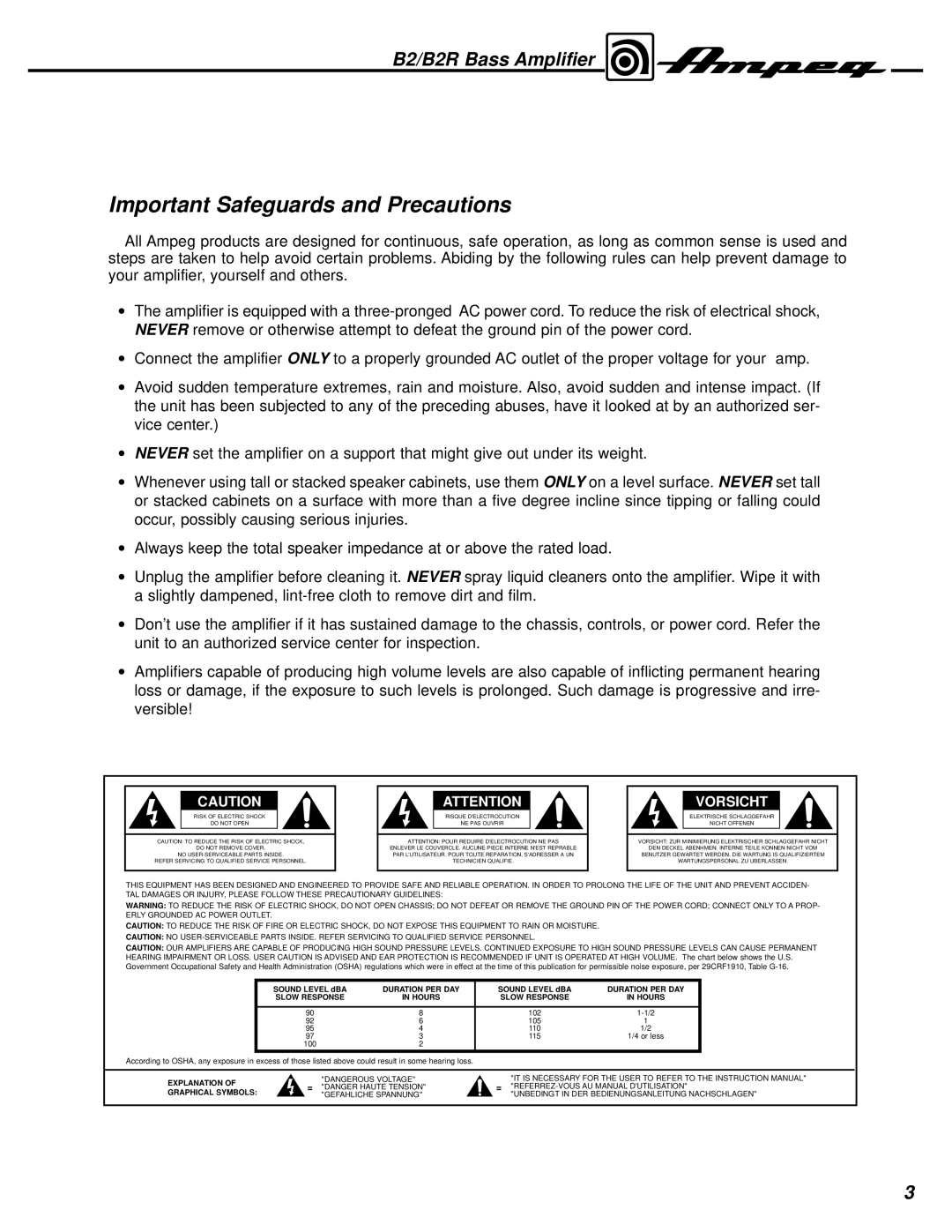 Ampeg B2R manual Important Safeguards and Precautions, Vorsicht 