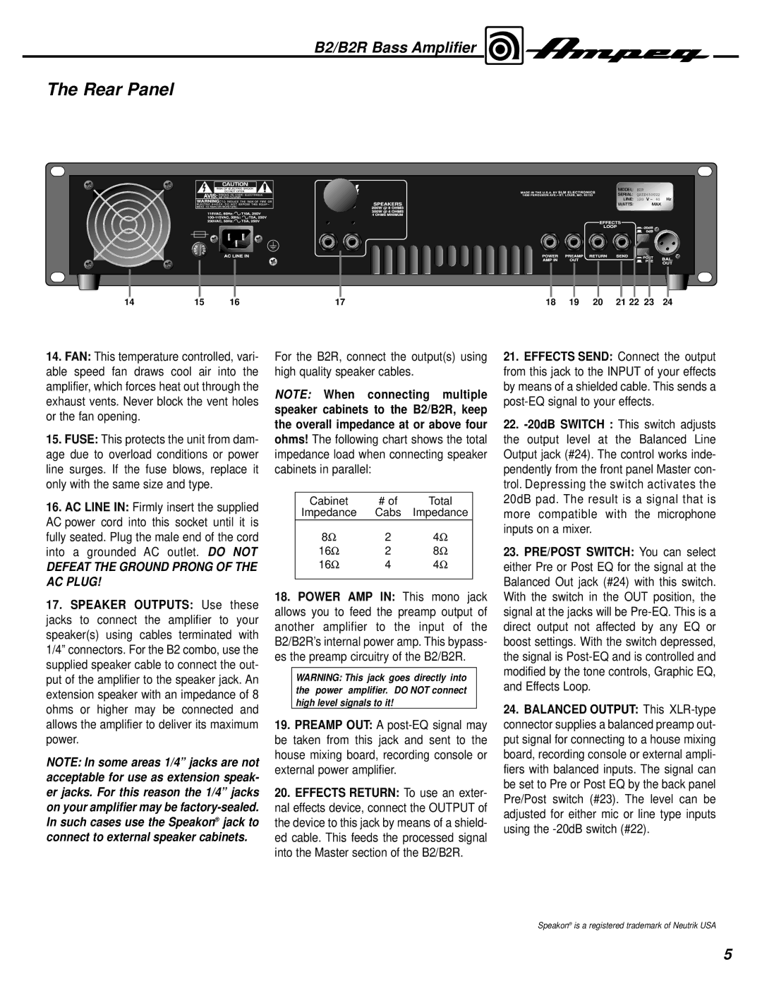 Ampeg B2R manual Rear Panel, Defeat the Ground Prong of the AC Plug 