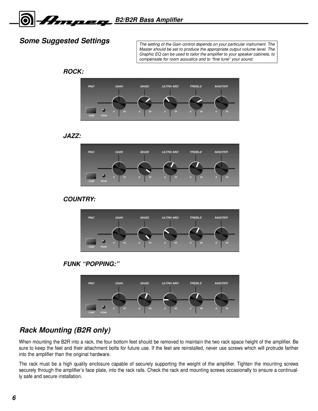 Ampeg manual Some Suggested Settings, Rack Mounting B2R only 