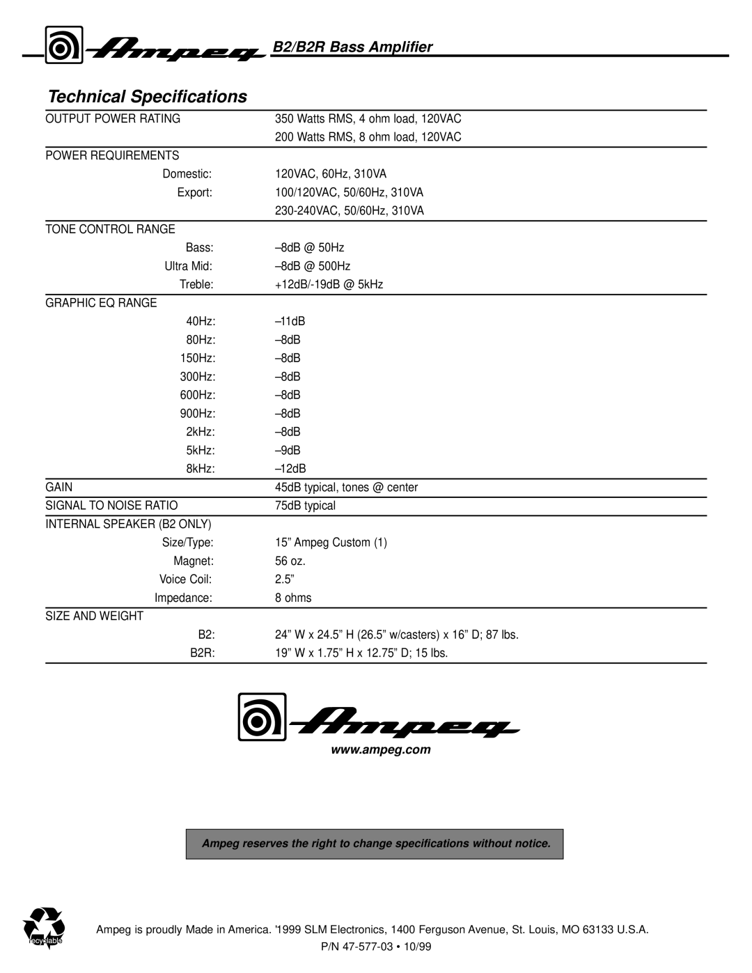 Ampeg B2R manual Technical Specifications, Signal to Noise Ratio 