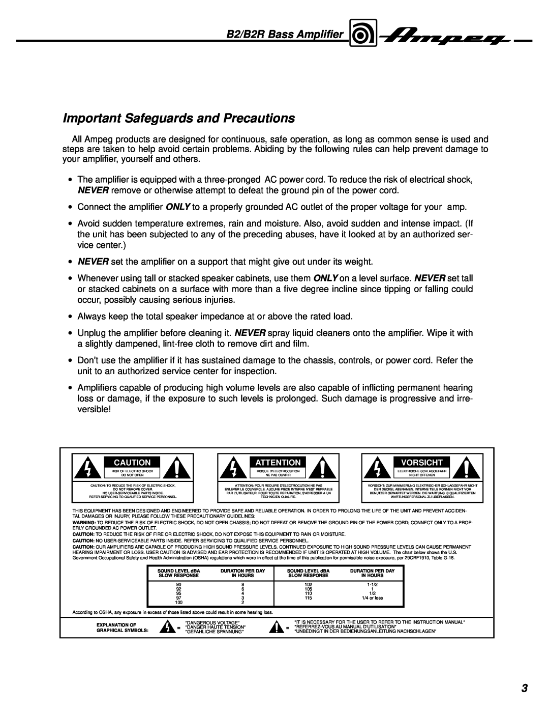Ampeg manual Important Safeguards and Precautions, B2/B2R Bass Amplifier 