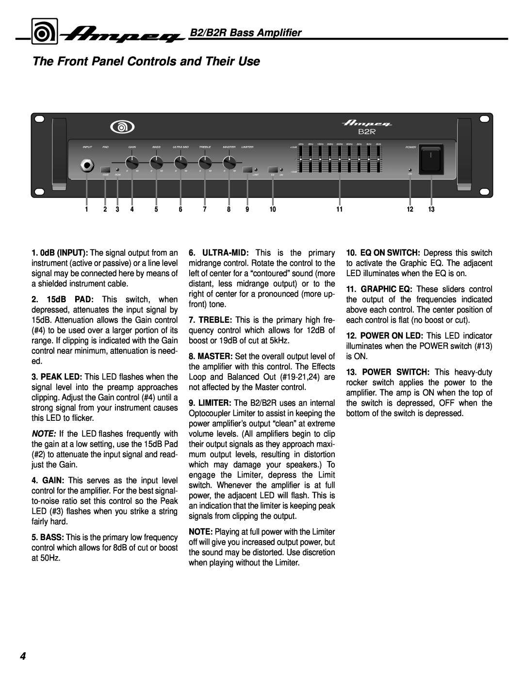 Ampeg manual The Front Panel Controls and Their Use, B2/B2R Bass Amplifier 