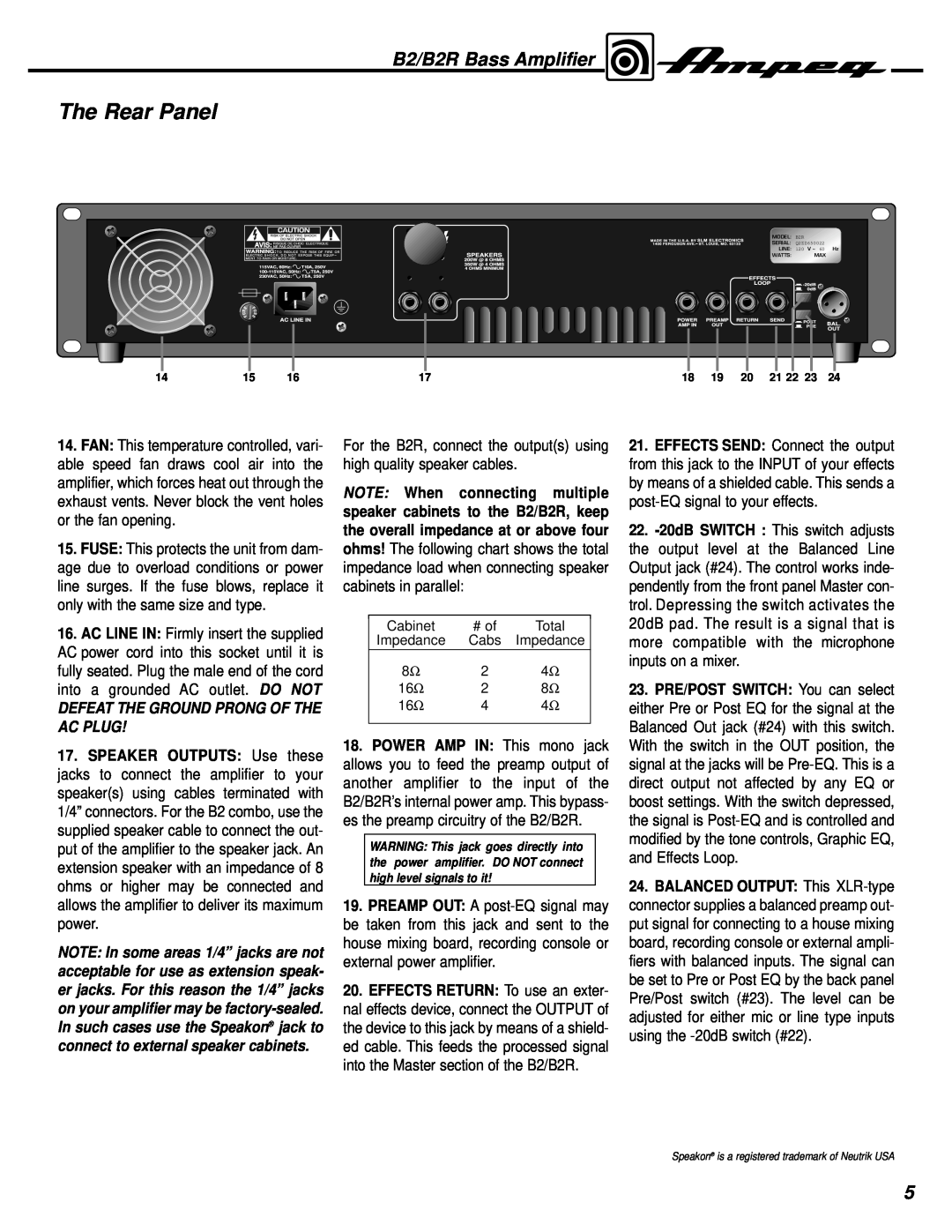 Ampeg manual The Rear Panel, Defeat The Ground Prong Of The Ac Plug, B2/B2R Bass Amplifier 