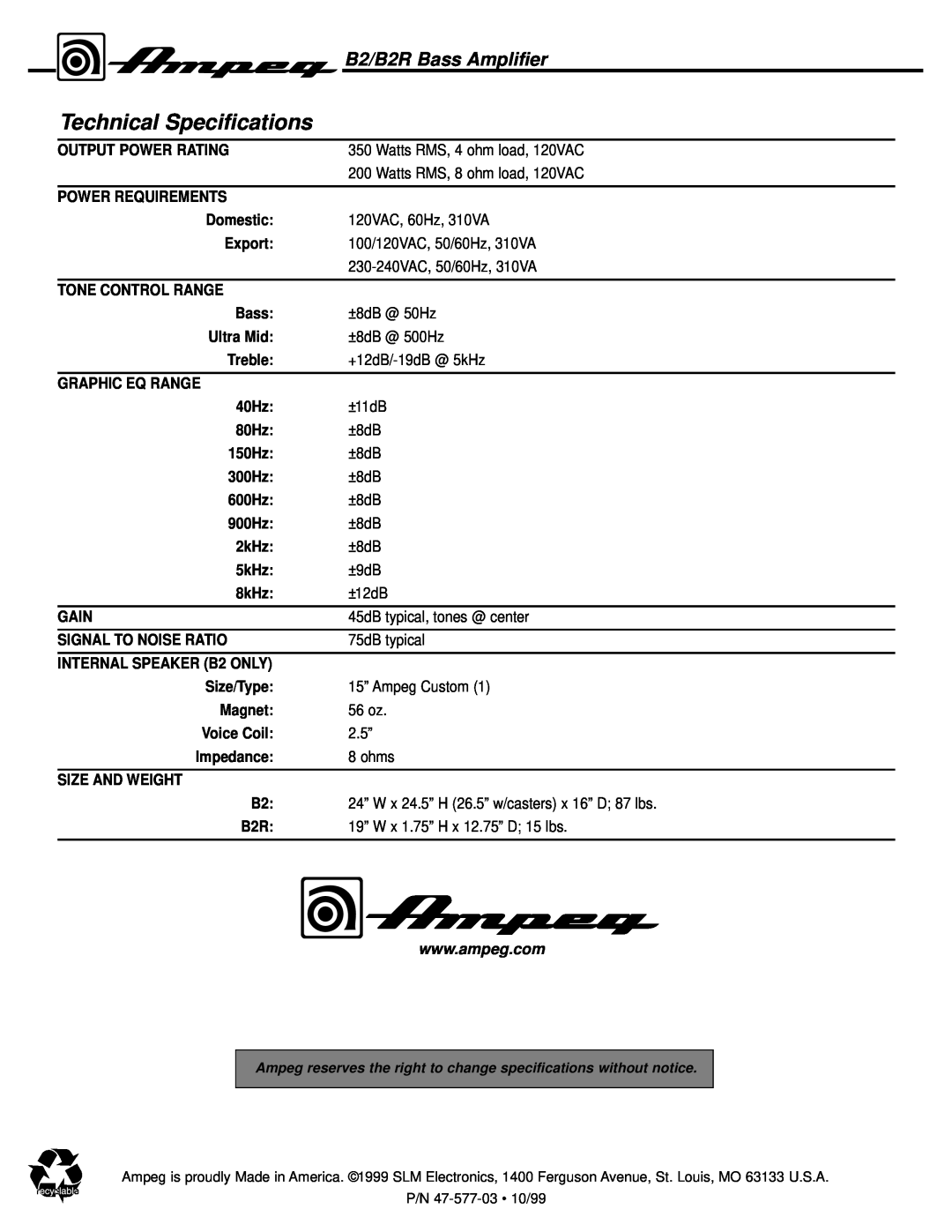 Ampeg manual Technical Specifications, B2/B2R Bass Amplifier 