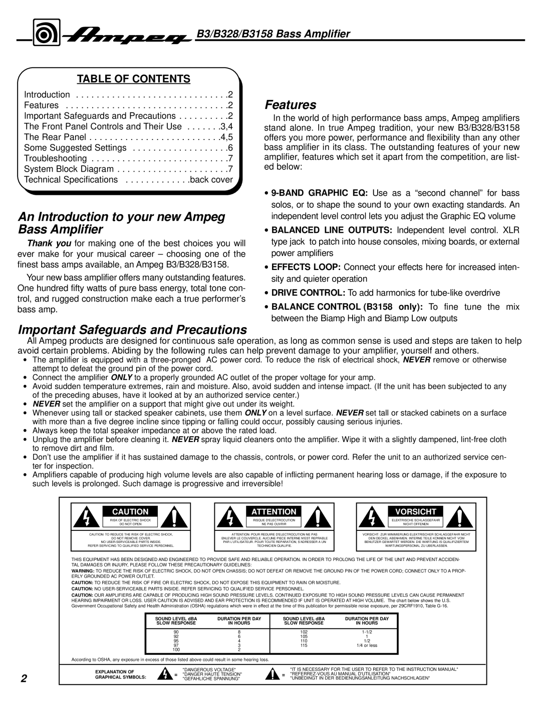 Ampeg B328, B3158 manual An Introduction to your new Ampeg Bass Amplifier, Features, Important Safeguards and Precautions 