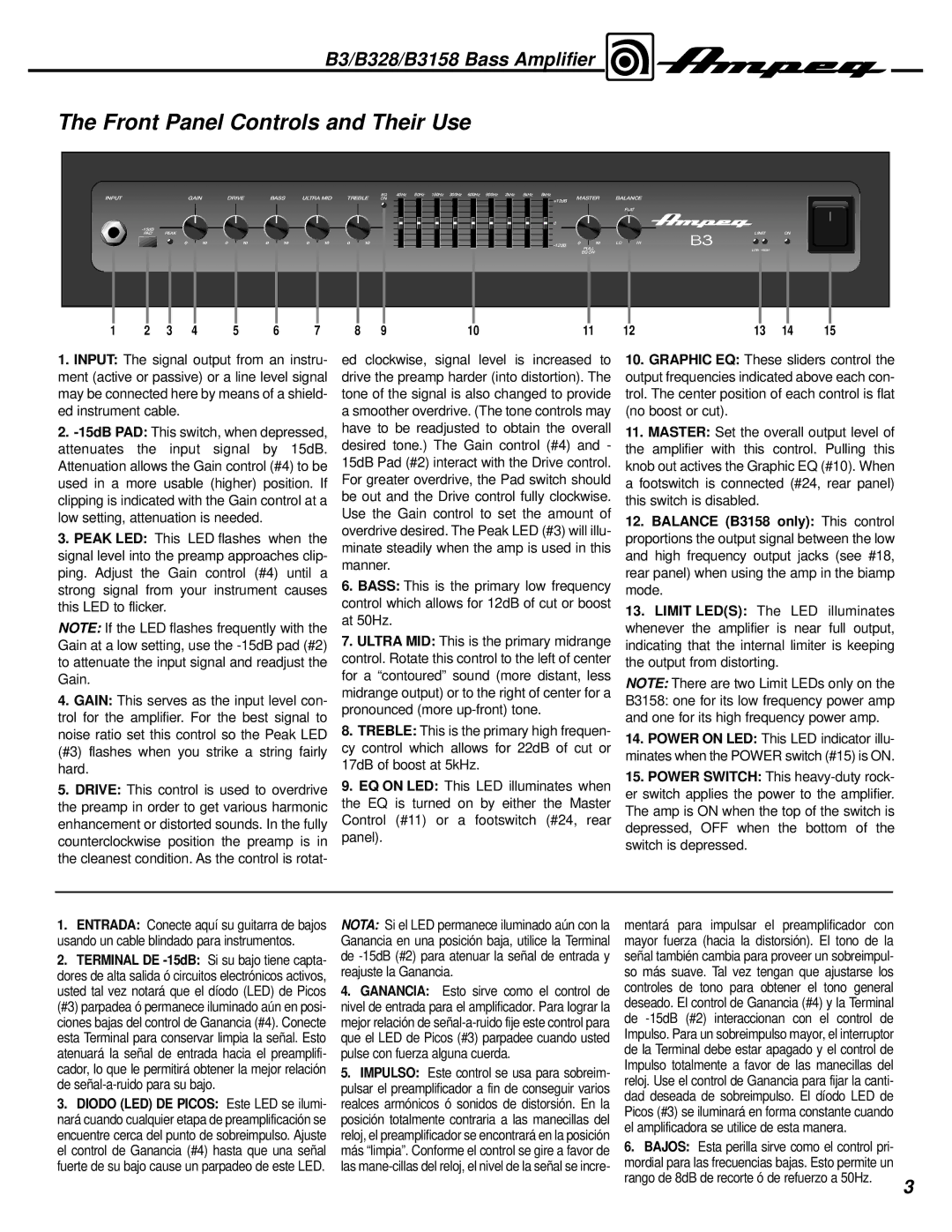 Ampeg B3158, B328 manual Front Panel Controls and Their Use 