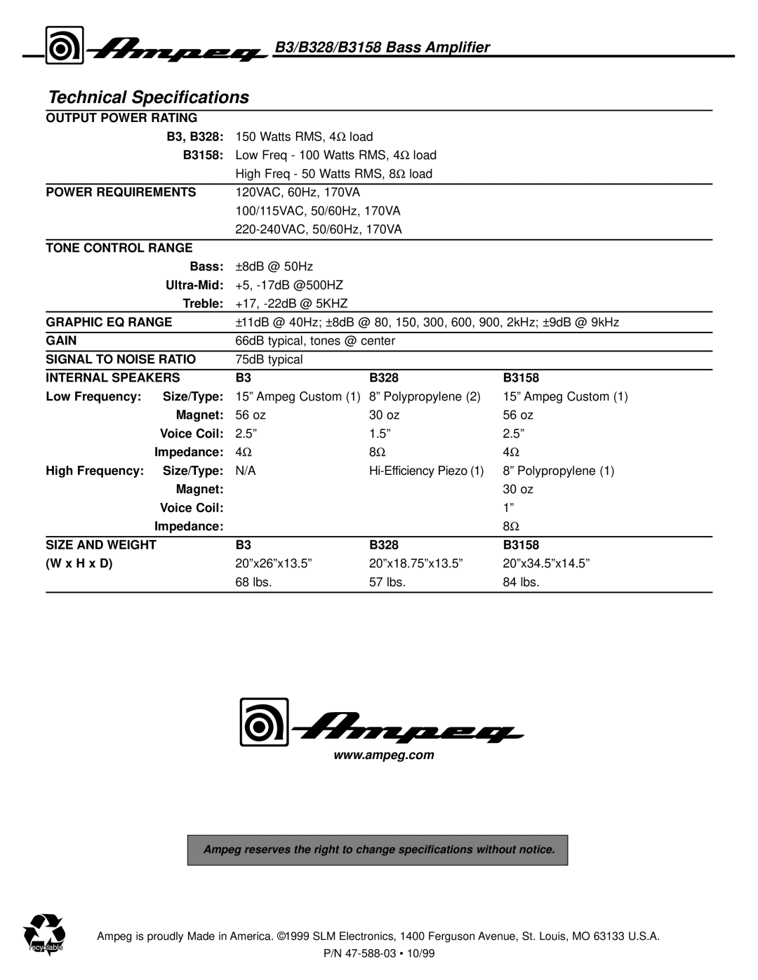 Ampeg B328, B3158 manual Technical Specifications, Output Power Rating 