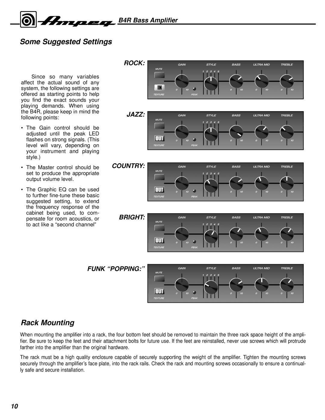 Ampeg B4R manual Some Suggested Settings, Rack Mounting 