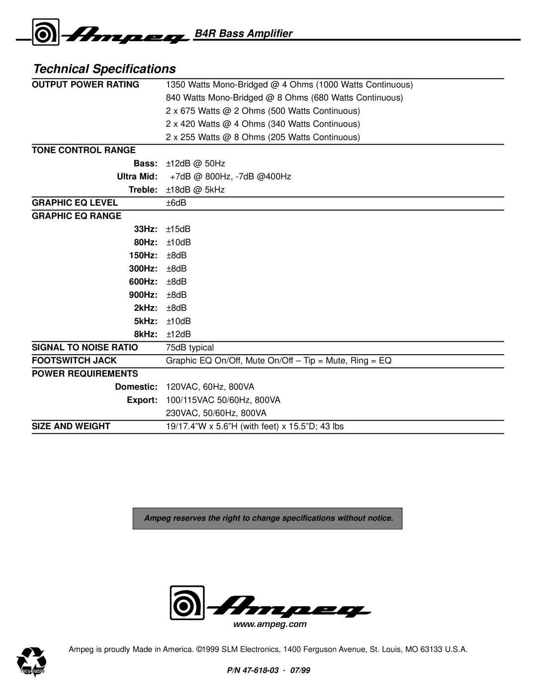 Ampeg B4R manual Technical Specifications, Output Power Rating 