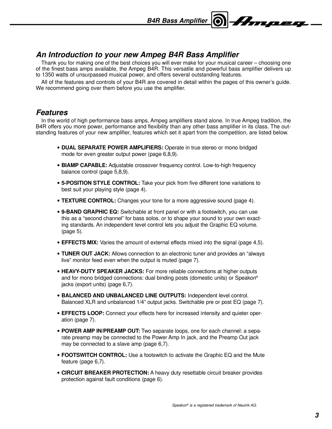 Ampeg manual An Introduction to your new Ampeg B4R Bass Amplifier, Features 