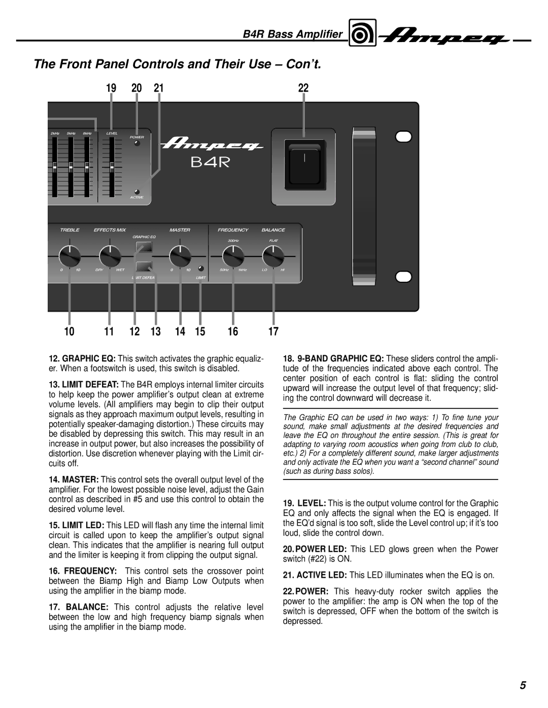 Ampeg B4R manual Front Panel Controls and Their Use Con’t 