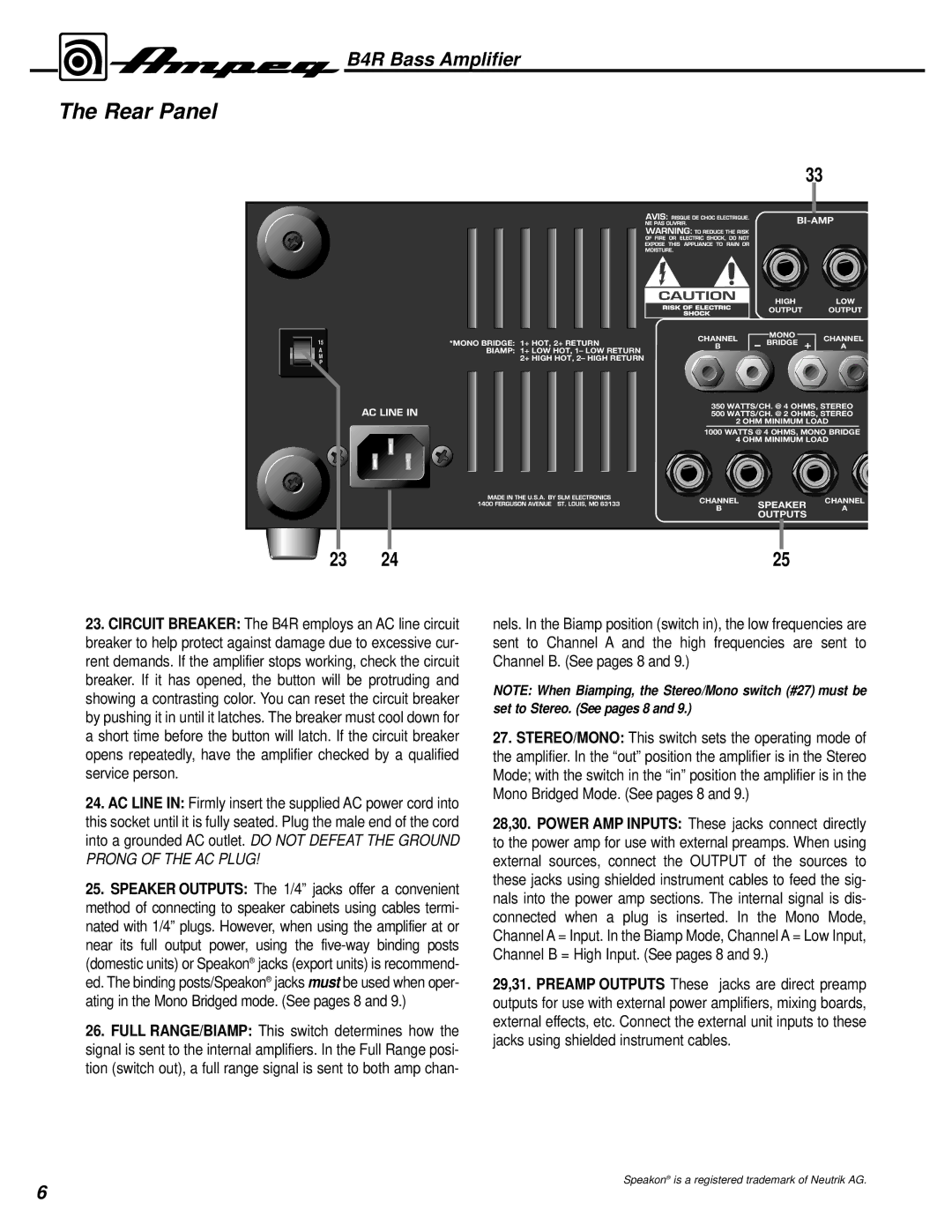 Ampeg B4R manual Rear Panel, Bi-Amp 