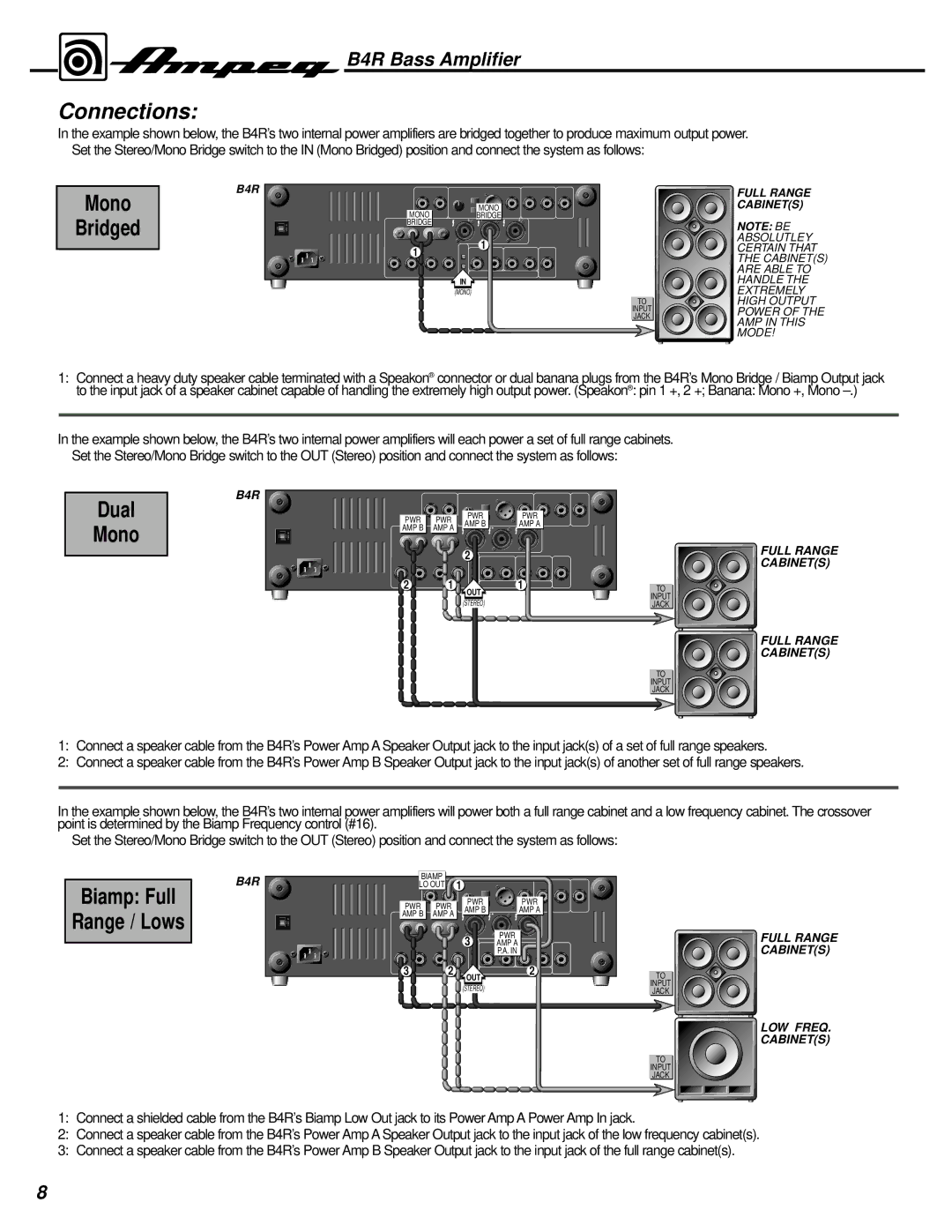 Ampeg B4R manual Connections, Mono Bridged 