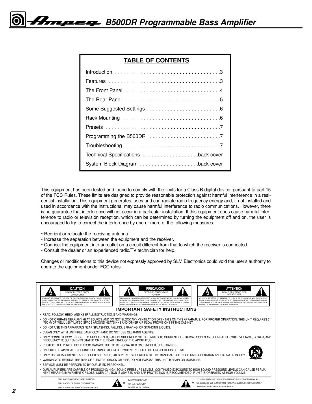 Ampeg manual B500DR Programmable Bass Amplifier 