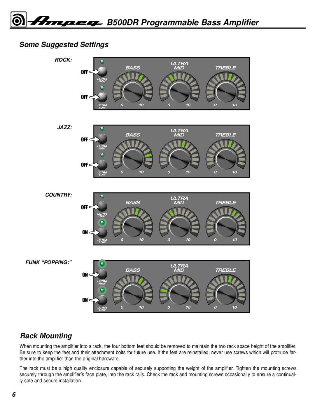 Ampeg B500DR manual Some Suggested Settings, Rack Mounting 