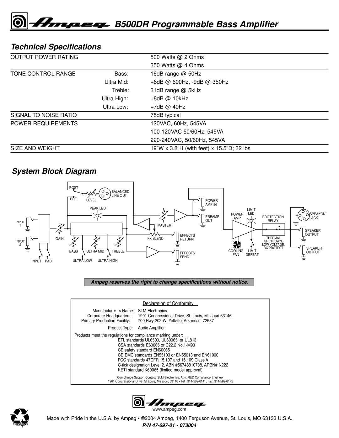 Ampeg B500DR manual Technical Specifications, System Block Diagram 