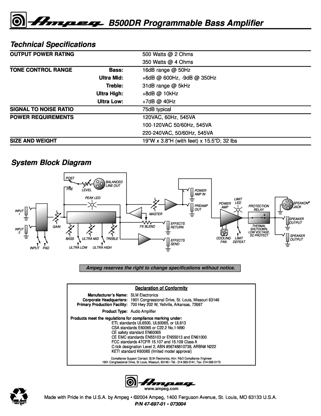 Ampeg manual Technical Specifications, System Block Diagram, B500DR Programmable Bass Amplifier 