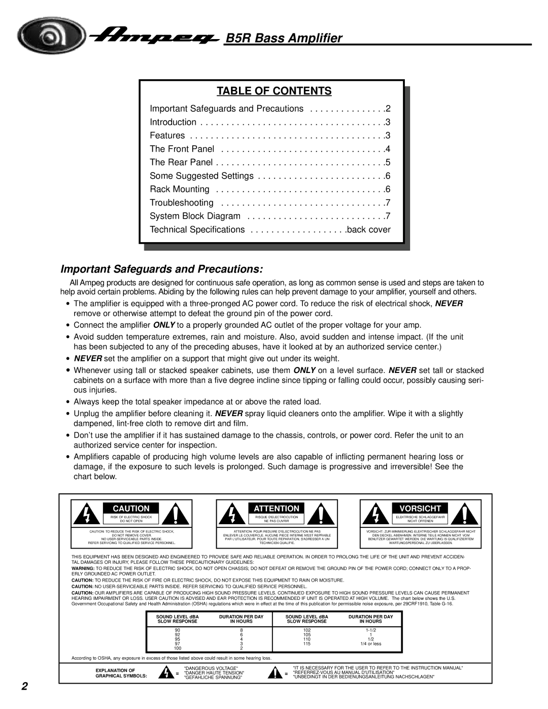 Ampeg manual B5R Bass Amplifier, Table of Contents 