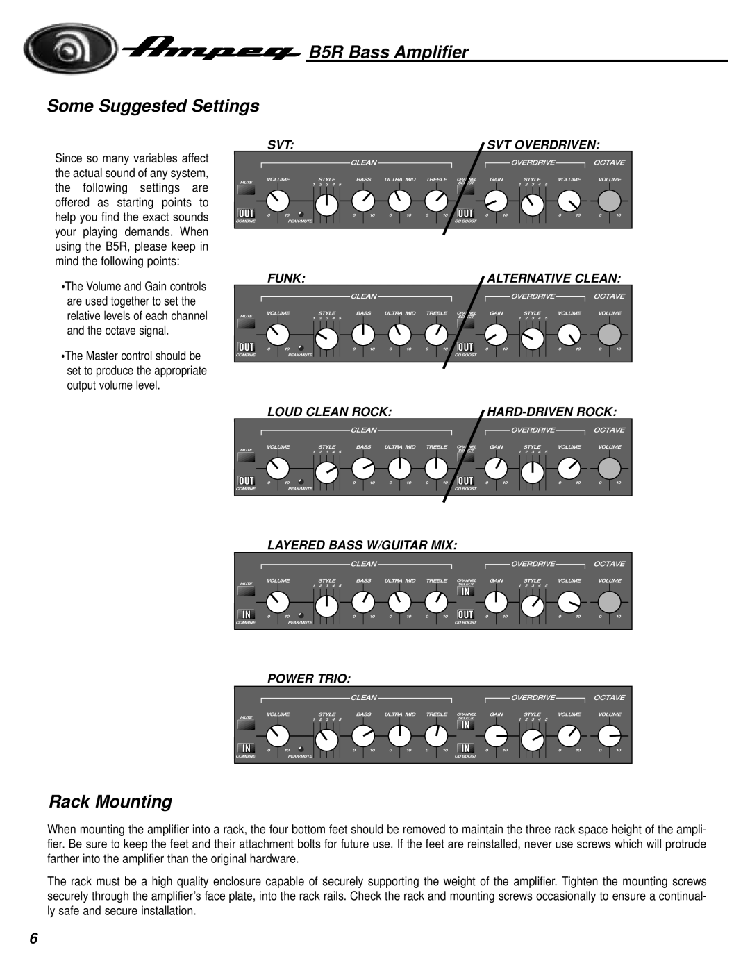 Ampeg manual B5R Bass Amplifier Some Suggested Settings, Rack Mounting 