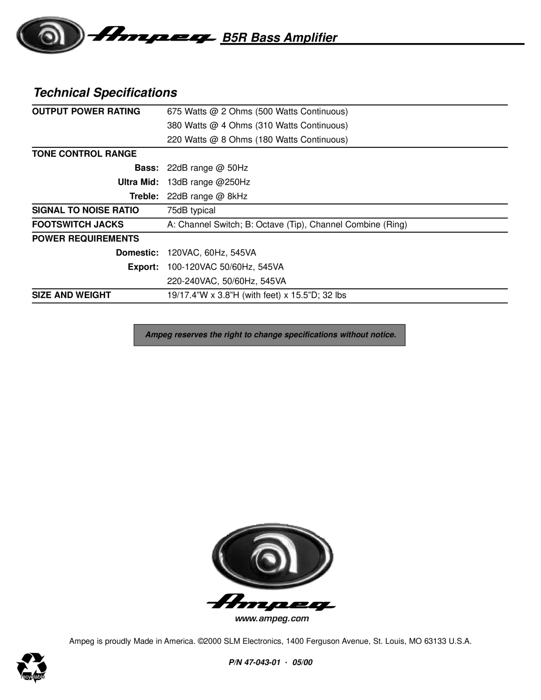 Ampeg manual B5R Bass Amplifier Technical Specifications, Output Power Rating 