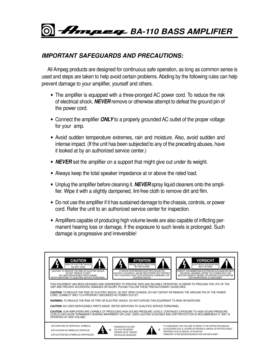 Ampeg owner manual BA-110 Bass Amplifier, Important Safeguards and Precautions 