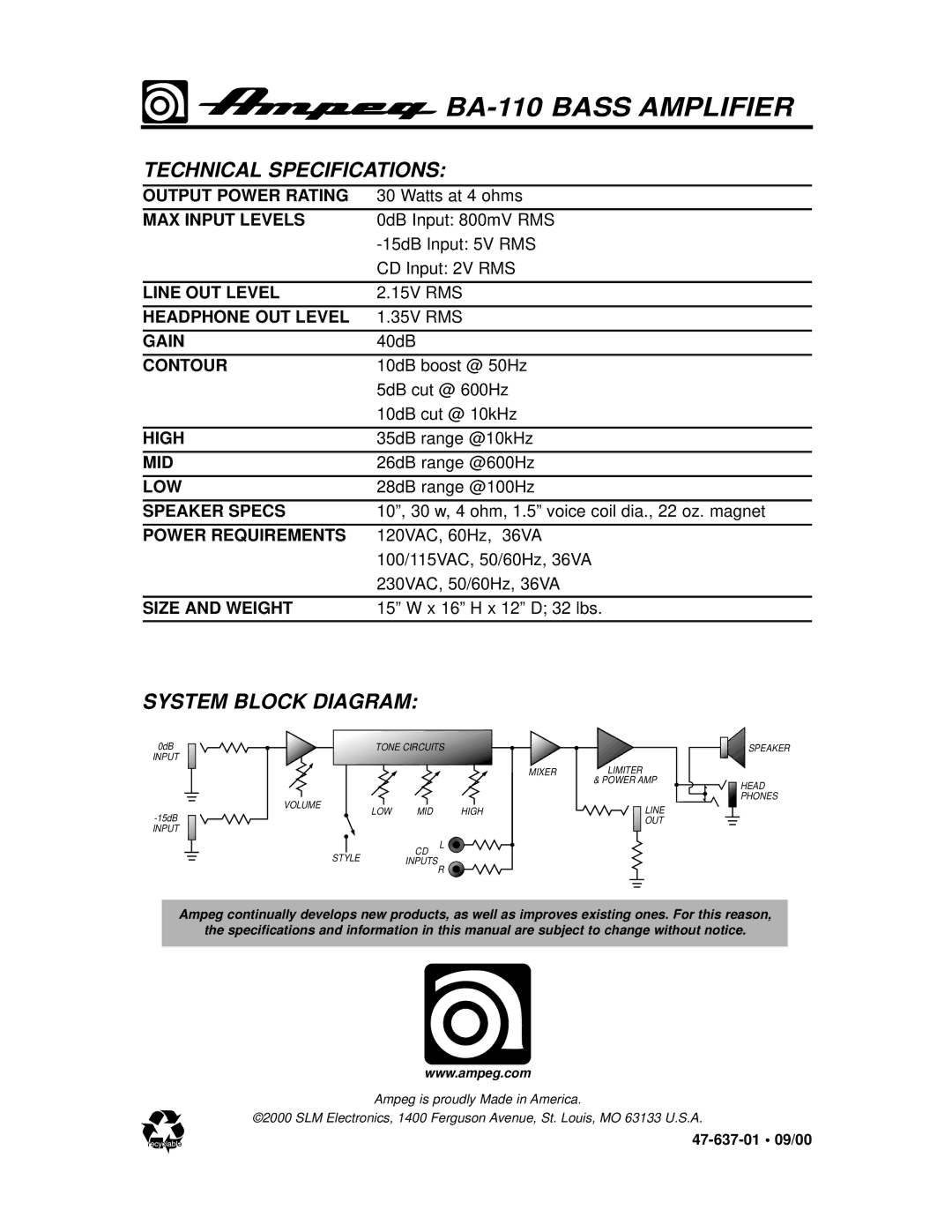 Ampeg BA-110 owner manual Technical Specifications, System Block Diagram 