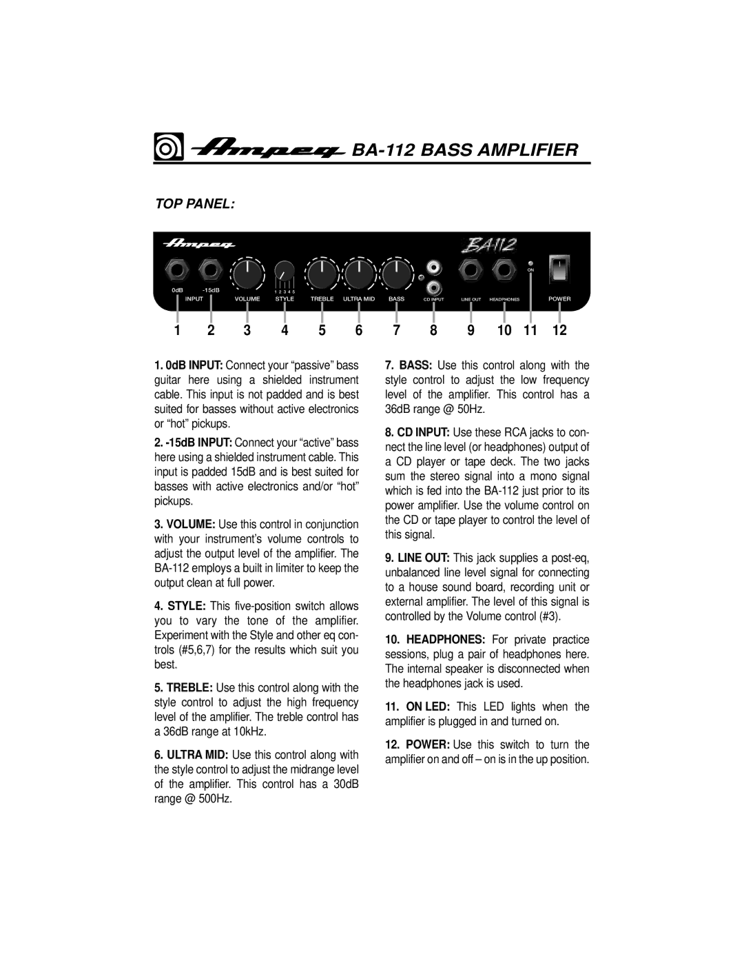 Ampeg owner manual BA-112 Bass Amplifier, TOP Panel 