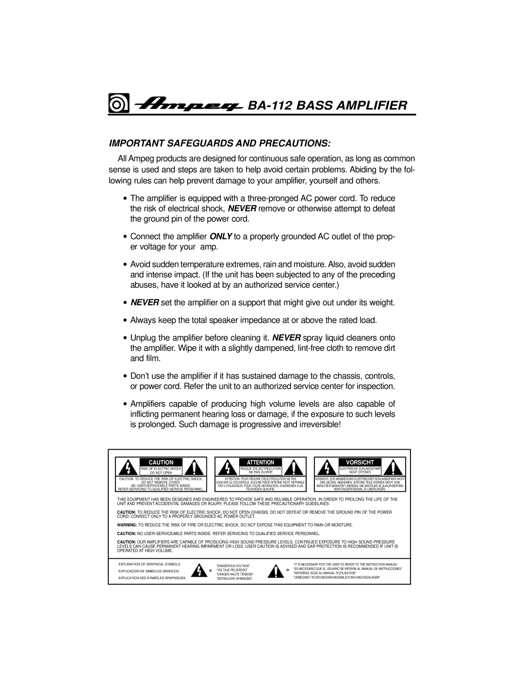 Ampeg BA-112 owner manual Important Safeguards and Precautions, No USER-SERVICEABLE Parts Inside 